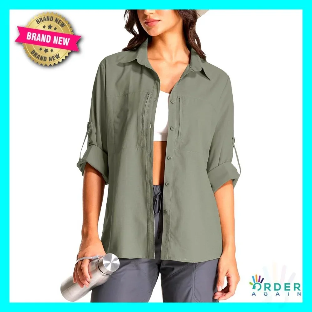 Long Sleeve Button Down Shirt UPF 50 Quick Dry Lightweight Safari Hiking Travel